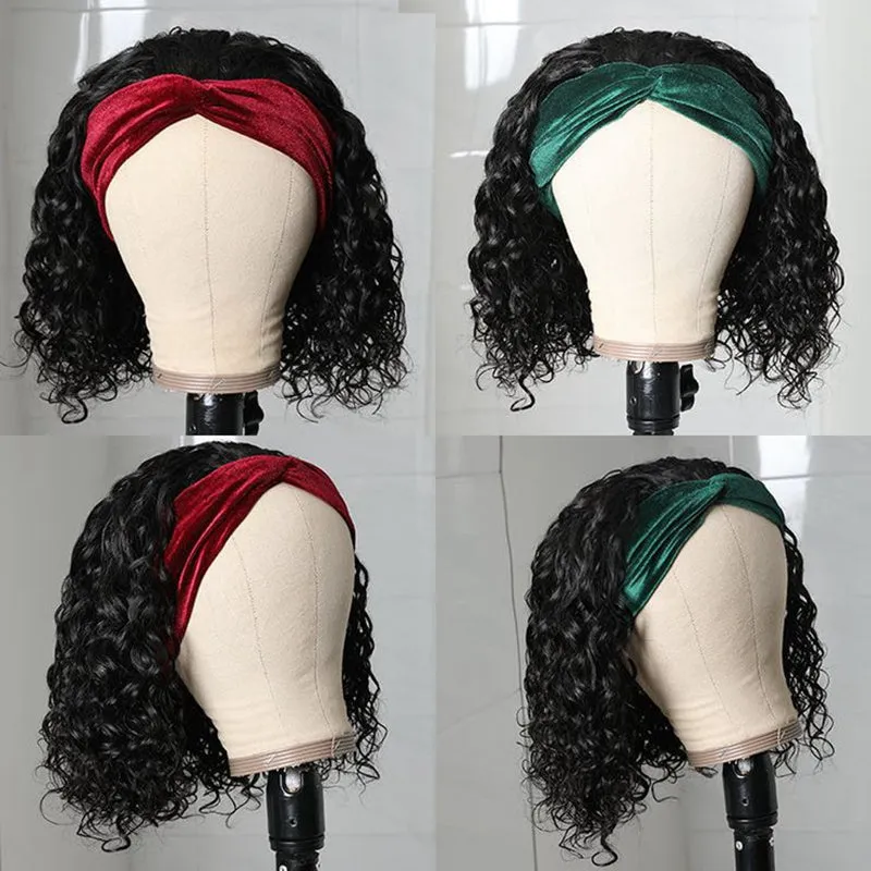 100% Human Hair Water Wave Headband Bob Glueless Wig