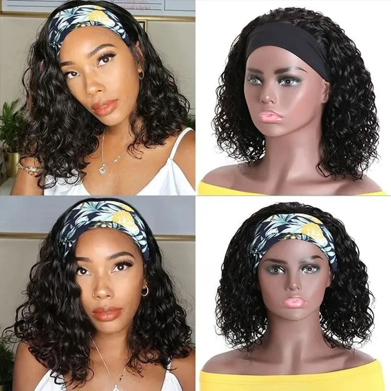 100% Human Hair Water Wave Headband Bob Glueless Wig