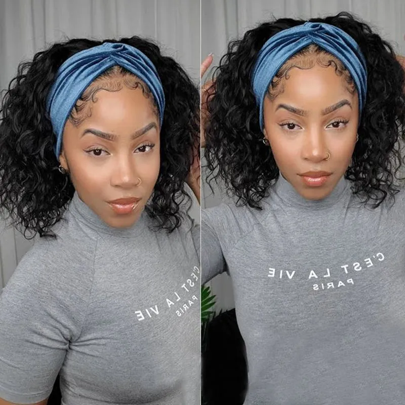 100% Human Hair Water Wave Headband Bob Glueless Wig