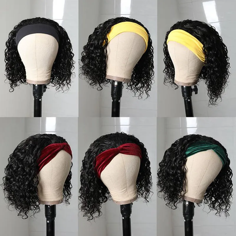 100% Human Hair Water Wave Headband Bob Glueless Wig