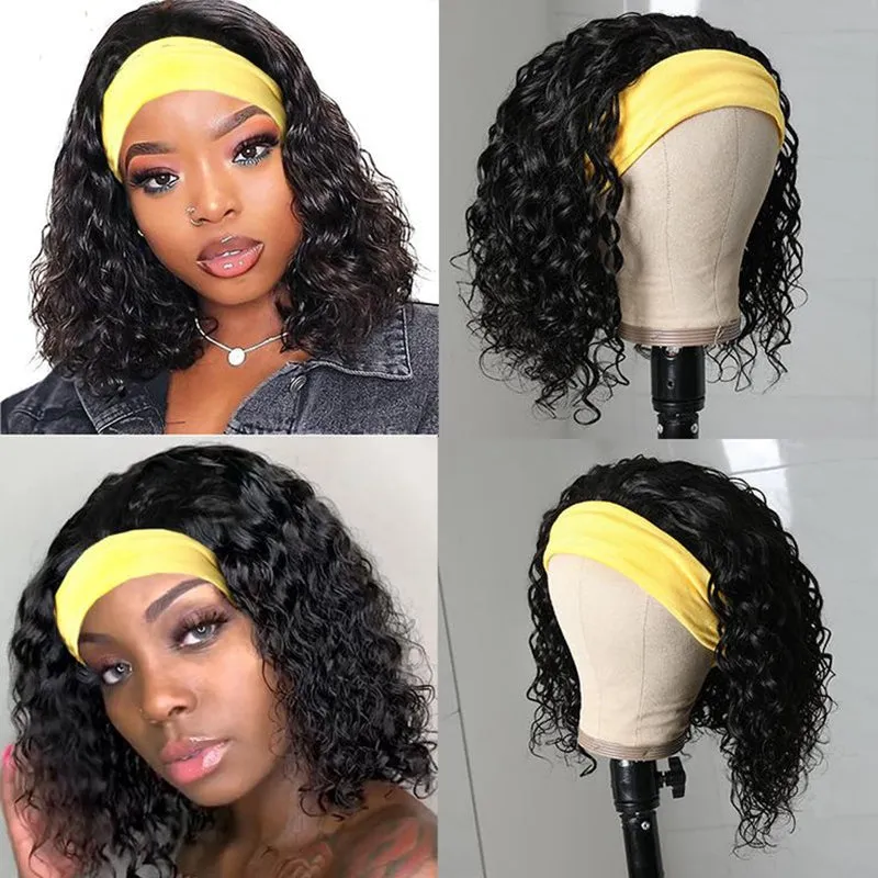 100% Human Hair Water Wave Headband Bob Glueless Wig