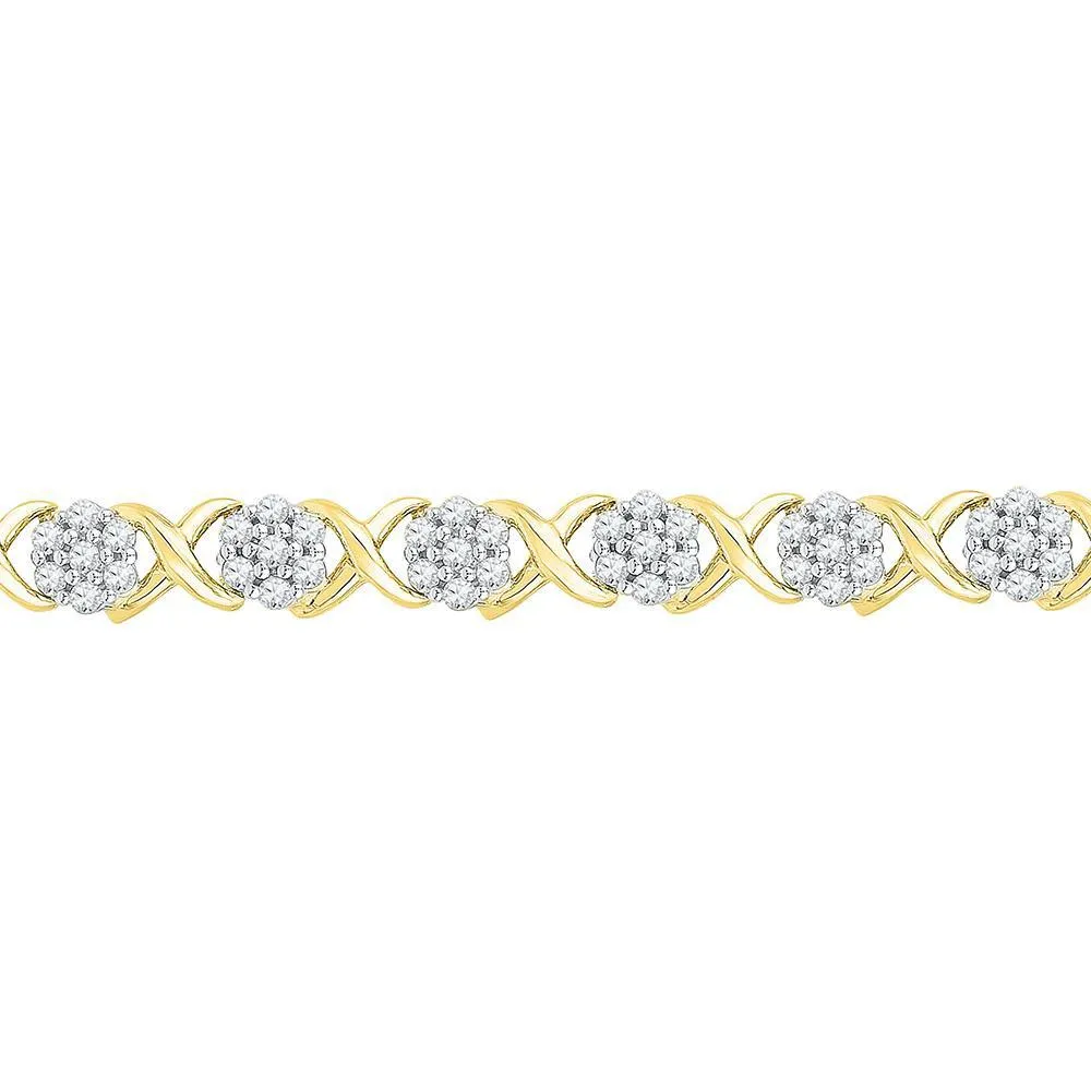 10K Yellow Gold Diamond Flower Cluster Fashion Bracelet 1/4 Cttw