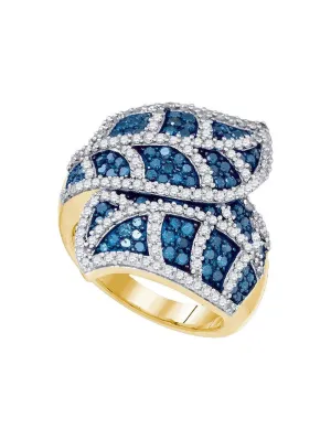 10kt Yellow Gold Womens Round Blue Color Enhanced Diamond Leaf Fashion Ring 2 Cttw