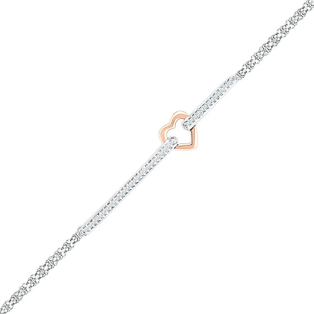 14K Two-tone Gold Womens Round Diamond Heart Fashion Bracelet 1/8 Cttw