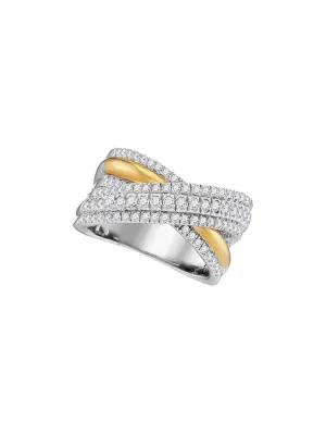 14kt Two-tone White Yellow Gold Womens Round Diamond Crossover Fashion Band Ring 1 Cttw