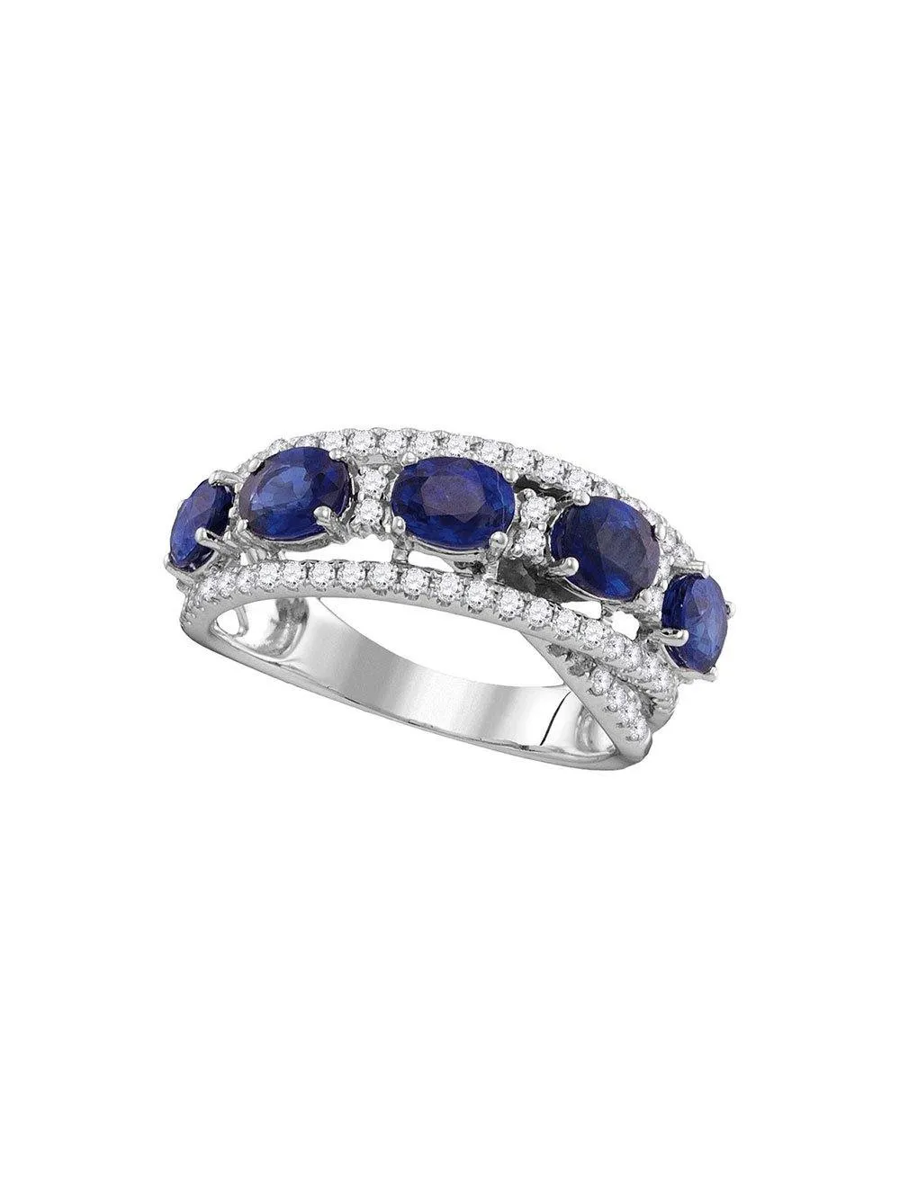 18kt White Gold Womens Round Blue Sapphire Diamond Fashion Band Ring 2-7/8 Cttw