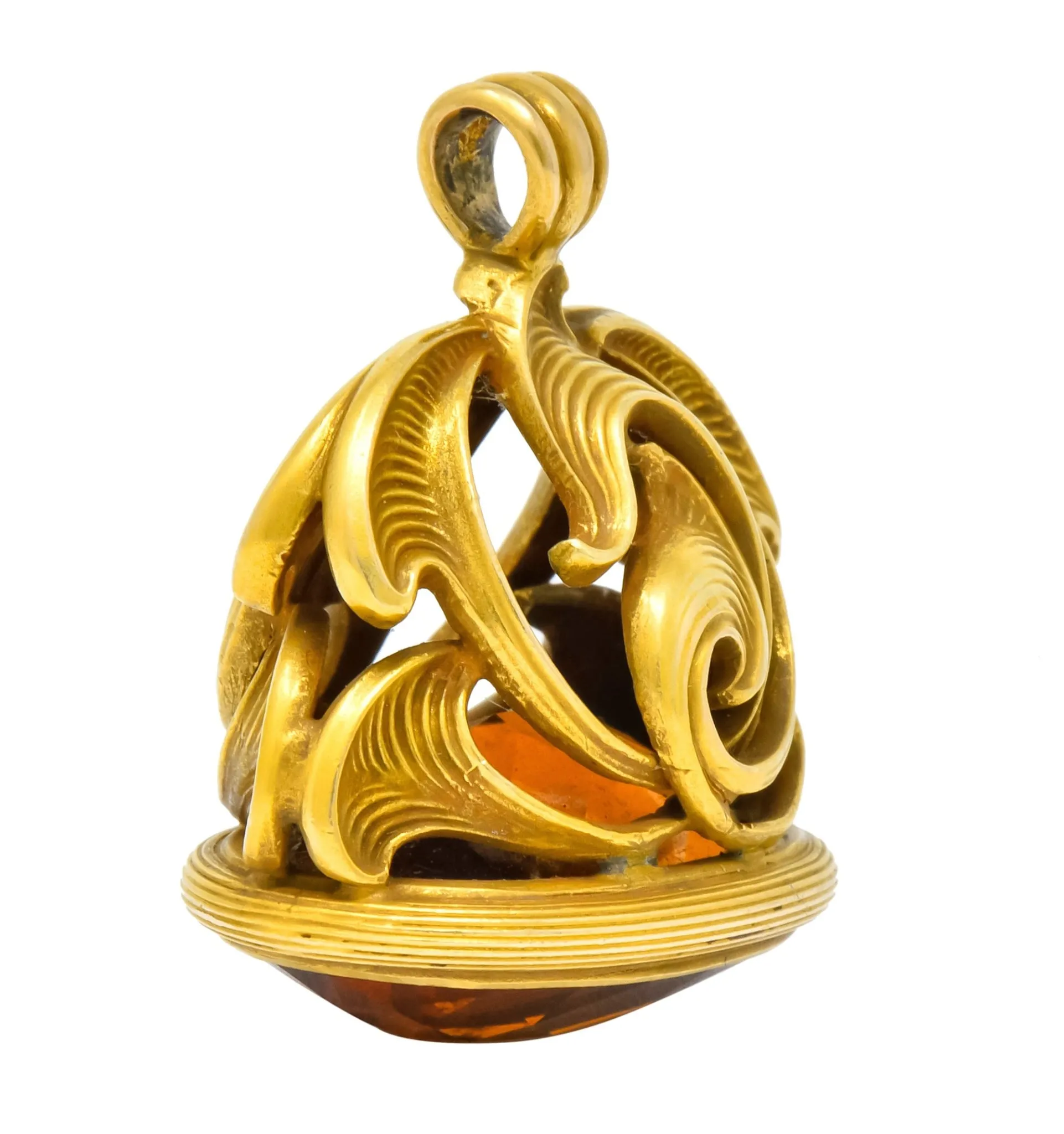 1900's Art Nouveau Citrine 14 Karat Yellow Gold Foliate Fob Pendant