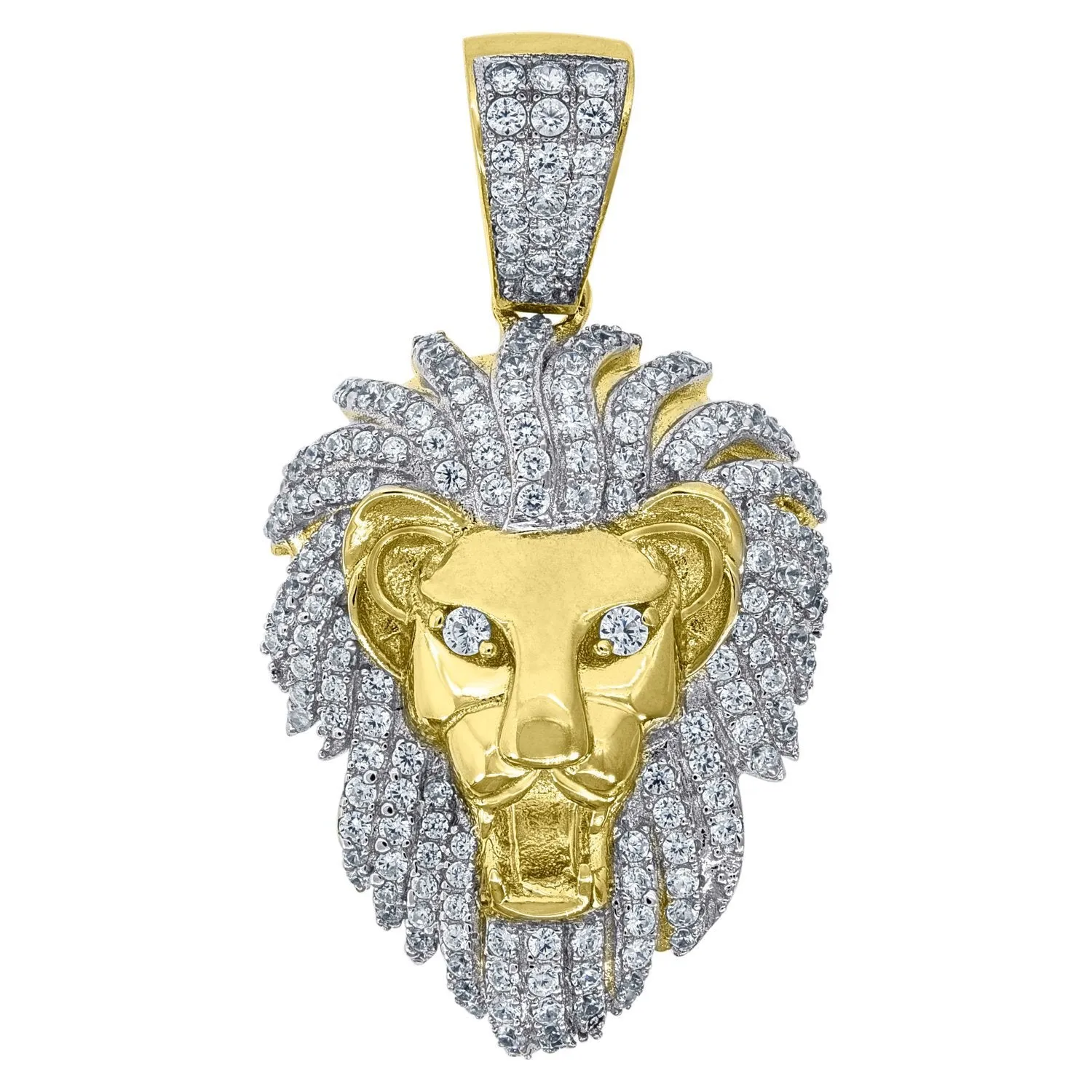 925 Sterling Silver Yellow-tone Cubic Zirconia CZ Lion Head  Pendant Charm