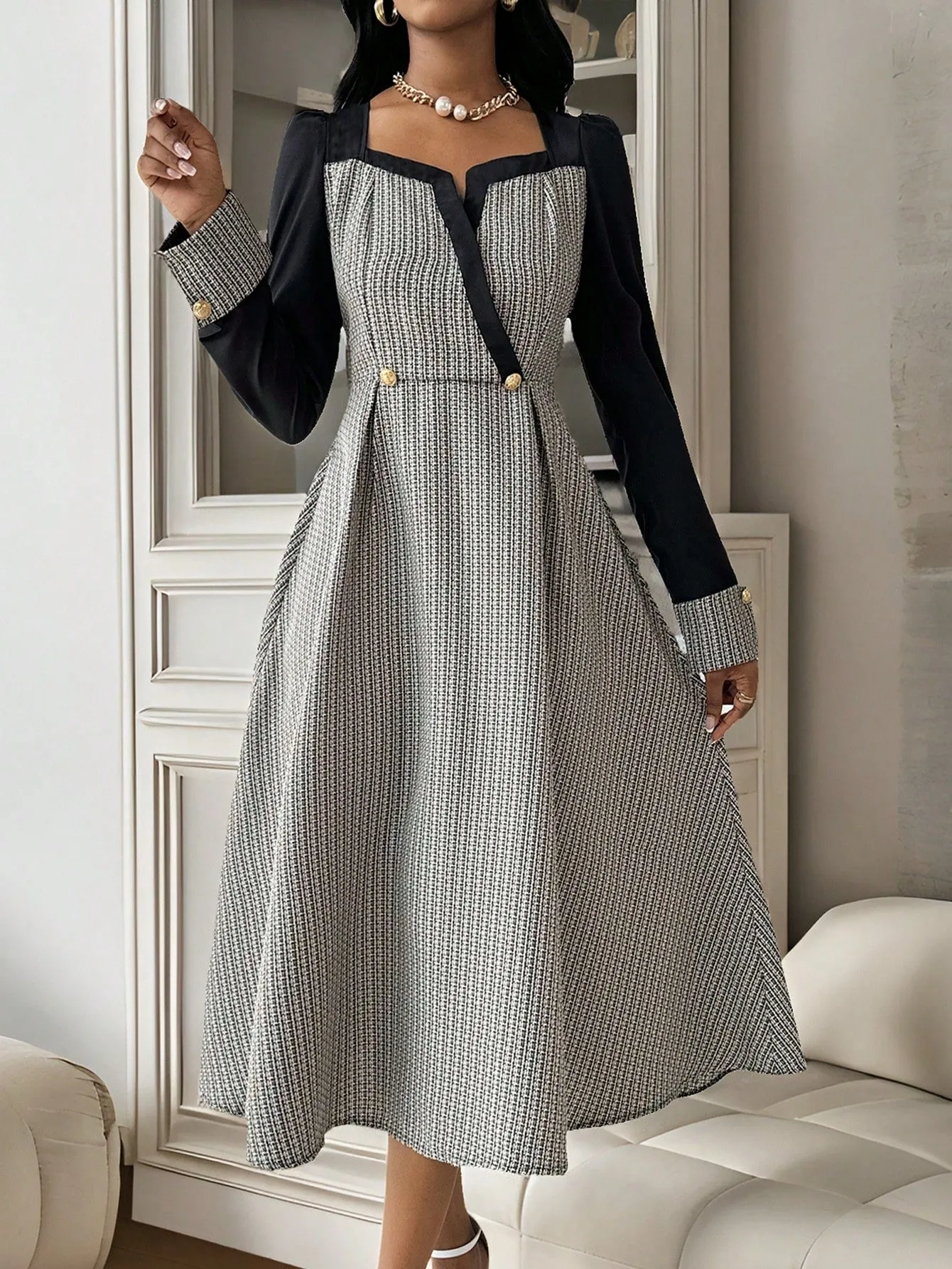 AFSAN Crossover Neck Elegant Maxi Long Sleeve Dress