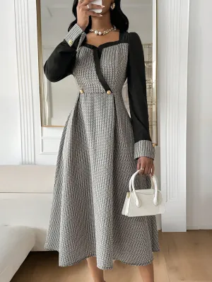 AFSAN Crossover Neck Elegant Maxi Long Sleeve Dress