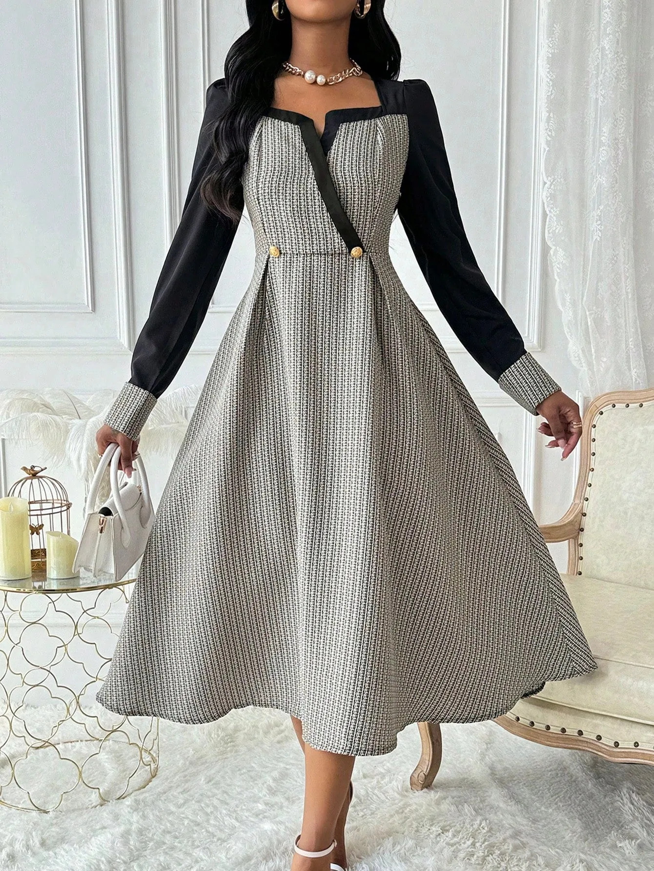 AFSAN Crossover Neck Elegant Maxi Long Sleeve Dress