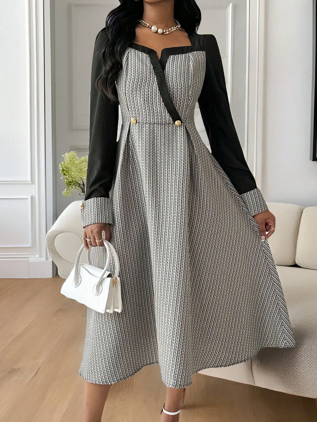 AFSAN Crossover Neck Elegant Maxi Long Sleeve Dress