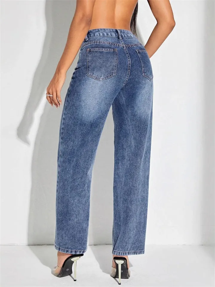 All-Match Stylish Patchwork Blue Jeans for Ladies