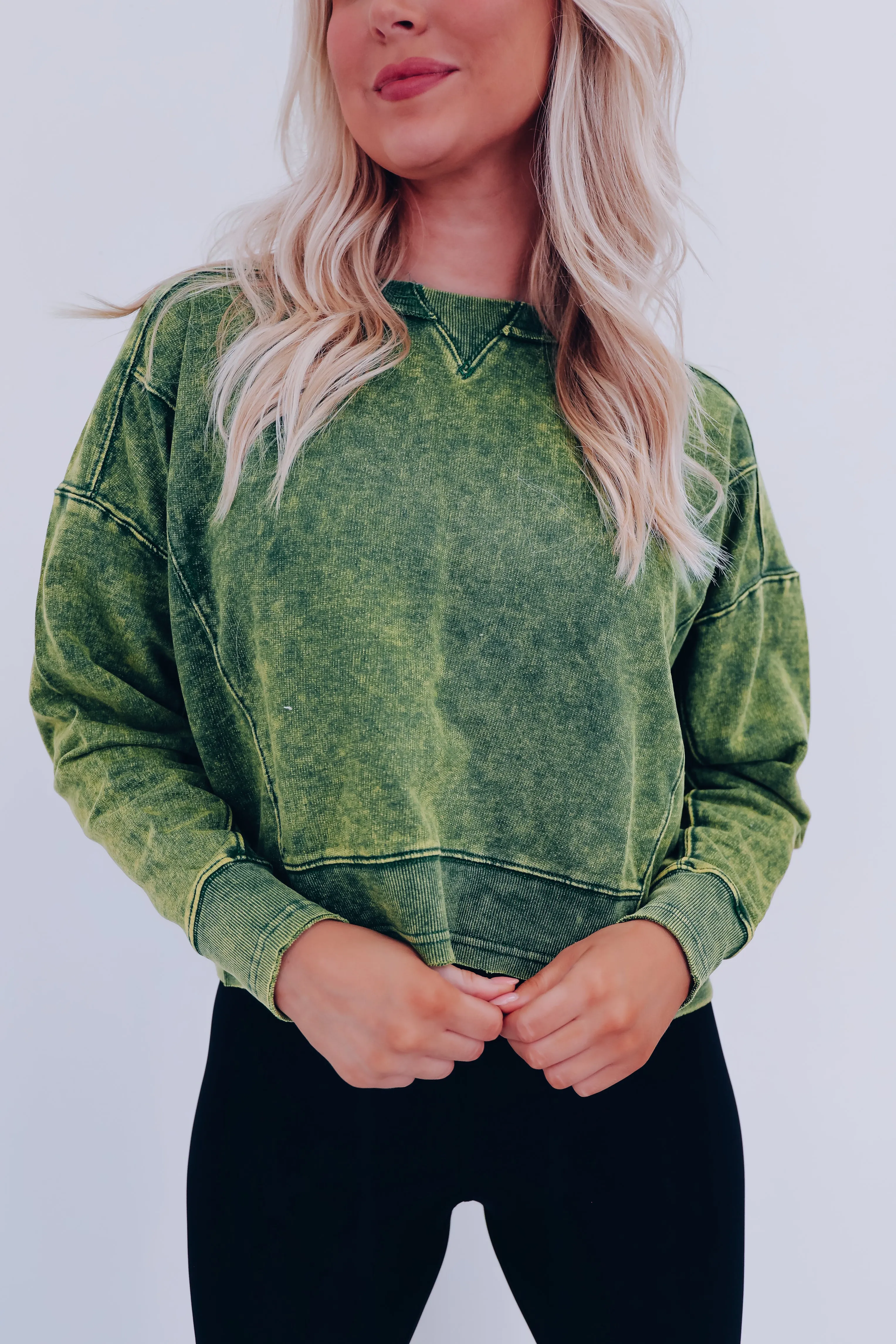 Amanda Acid Washed Cropped Sweatshirt - Dark Green