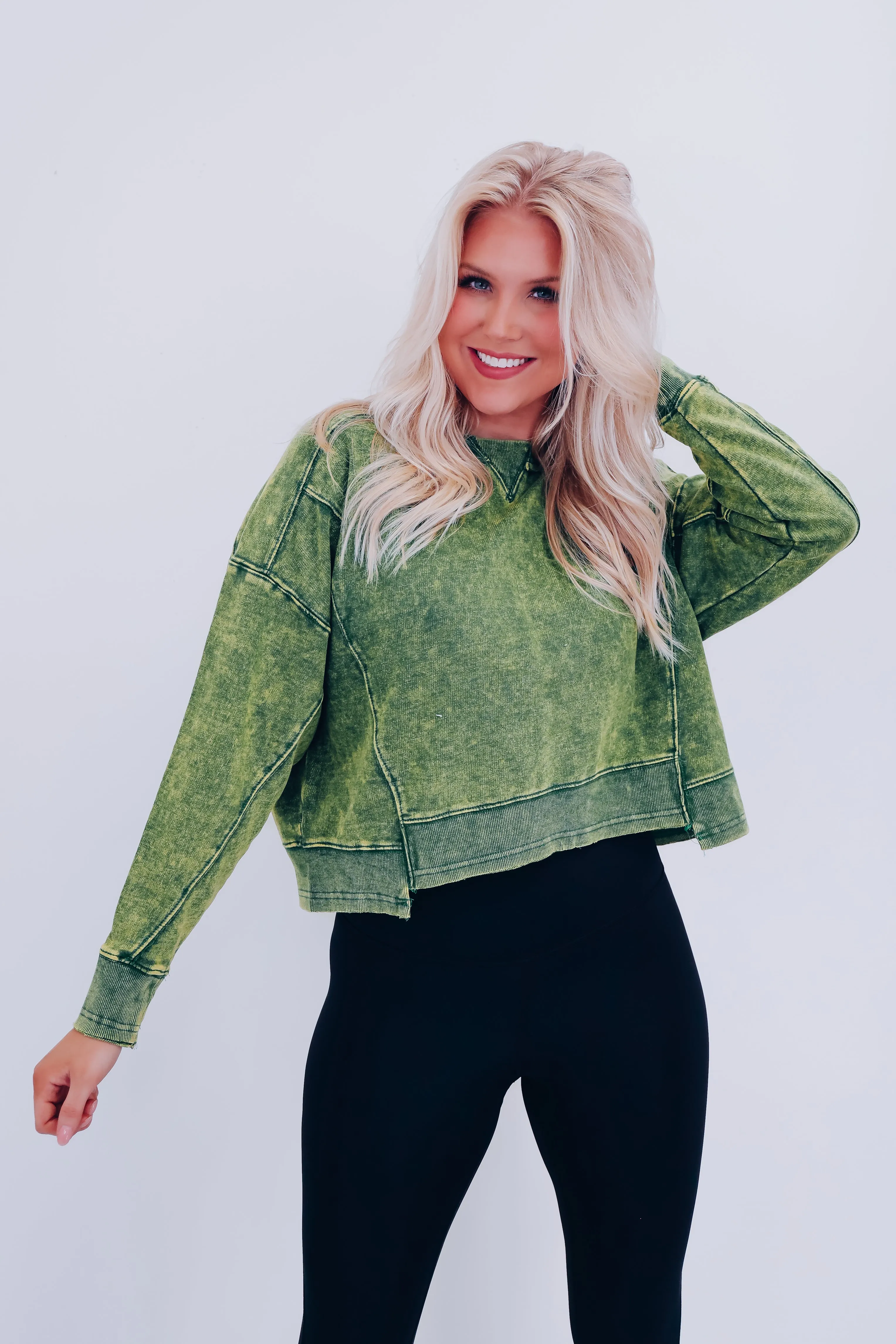 Amanda Acid Washed Cropped Sweatshirt - Dark Green
