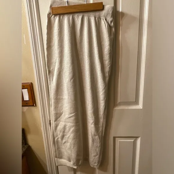 Anthropologie pull on cream metallic gold knit midi skirt size LARGE NWT