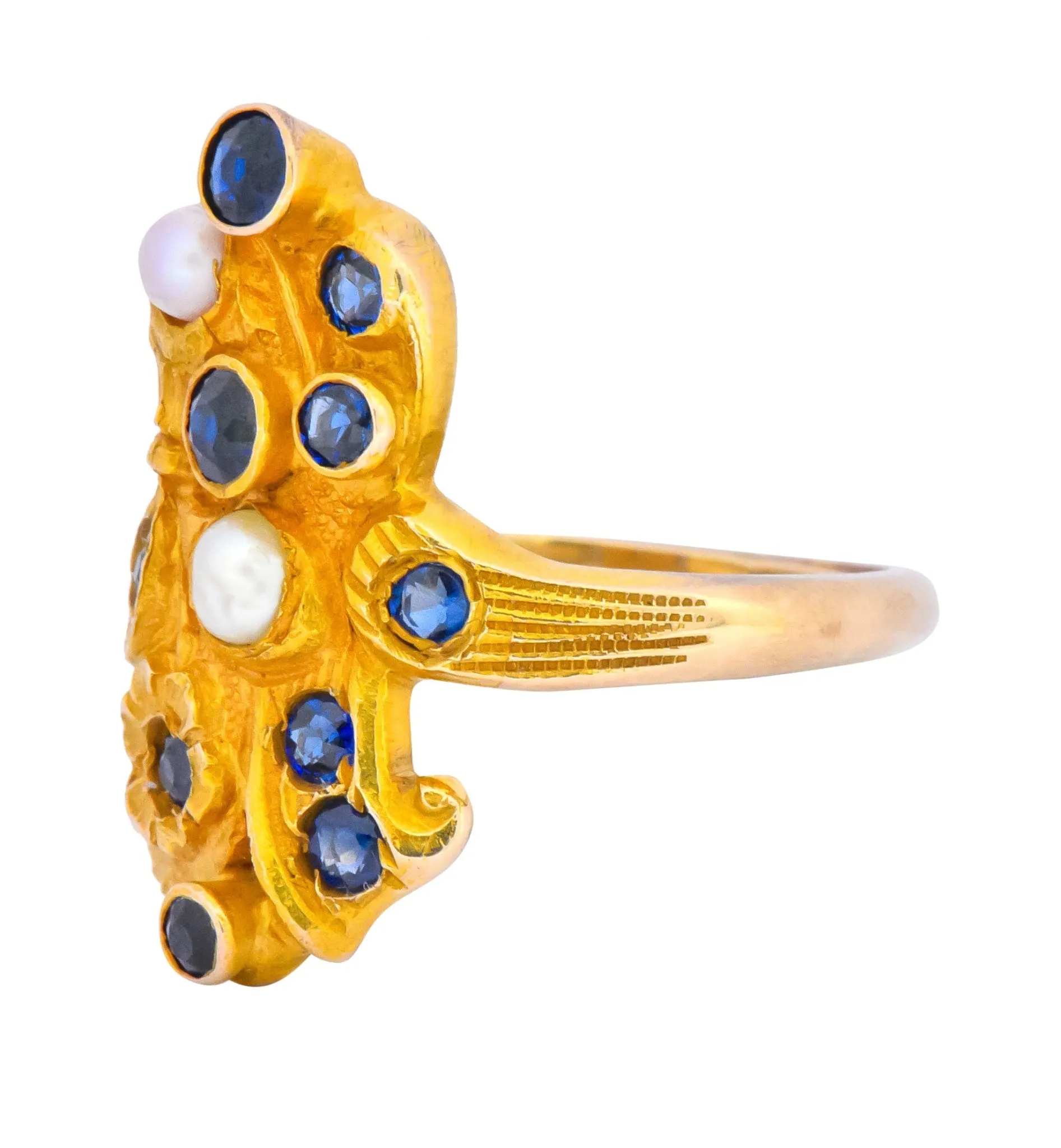 Art Nouveau Sapphire Pearl 14 Karat Gold Flower Dinner Ring
