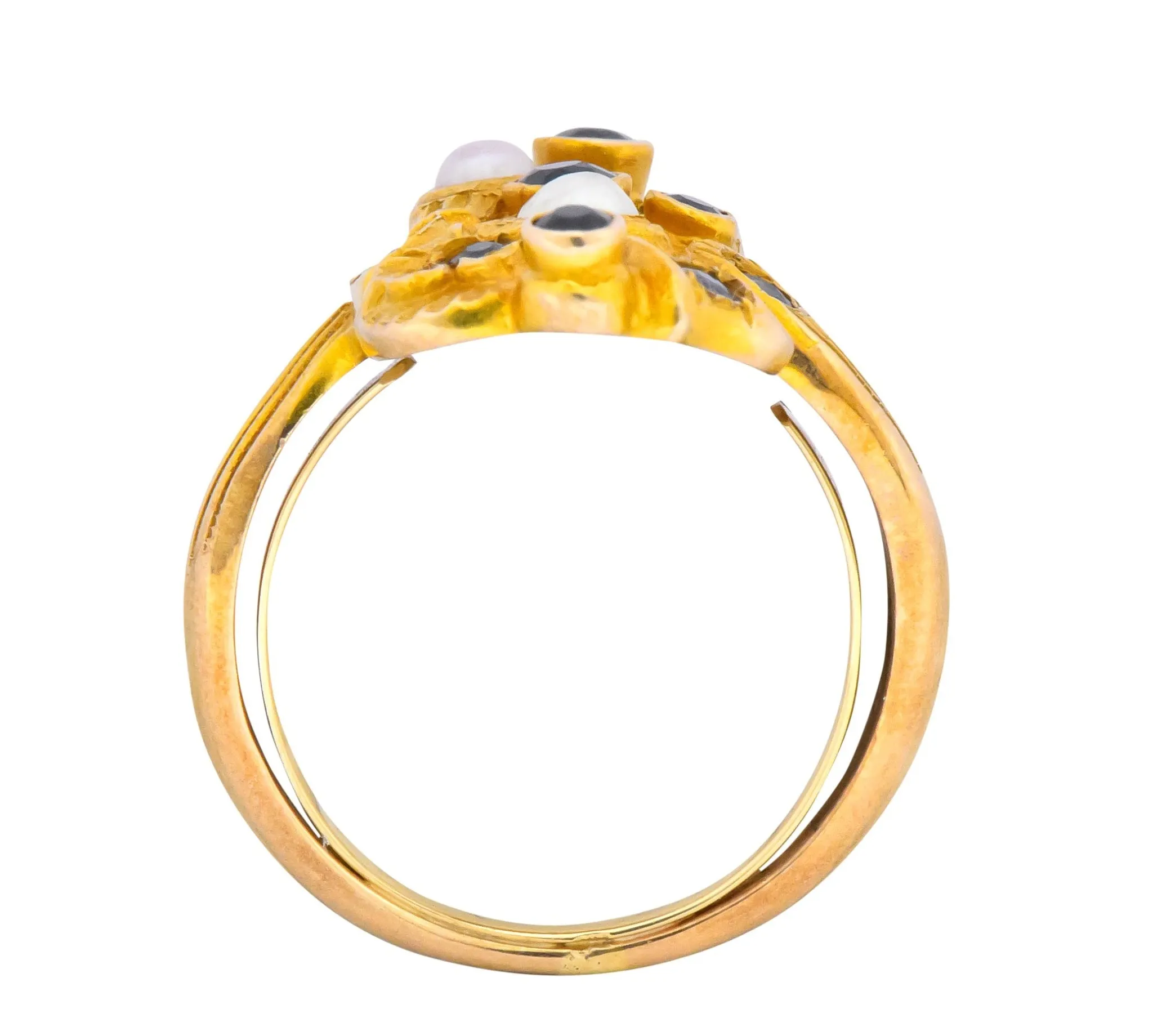 Art Nouveau Sapphire Pearl 14 Karat Gold Flower Dinner Ring