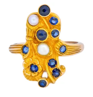 Art Nouveau Sapphire Pearl 14 Karat Gold Flower Dinner Ring