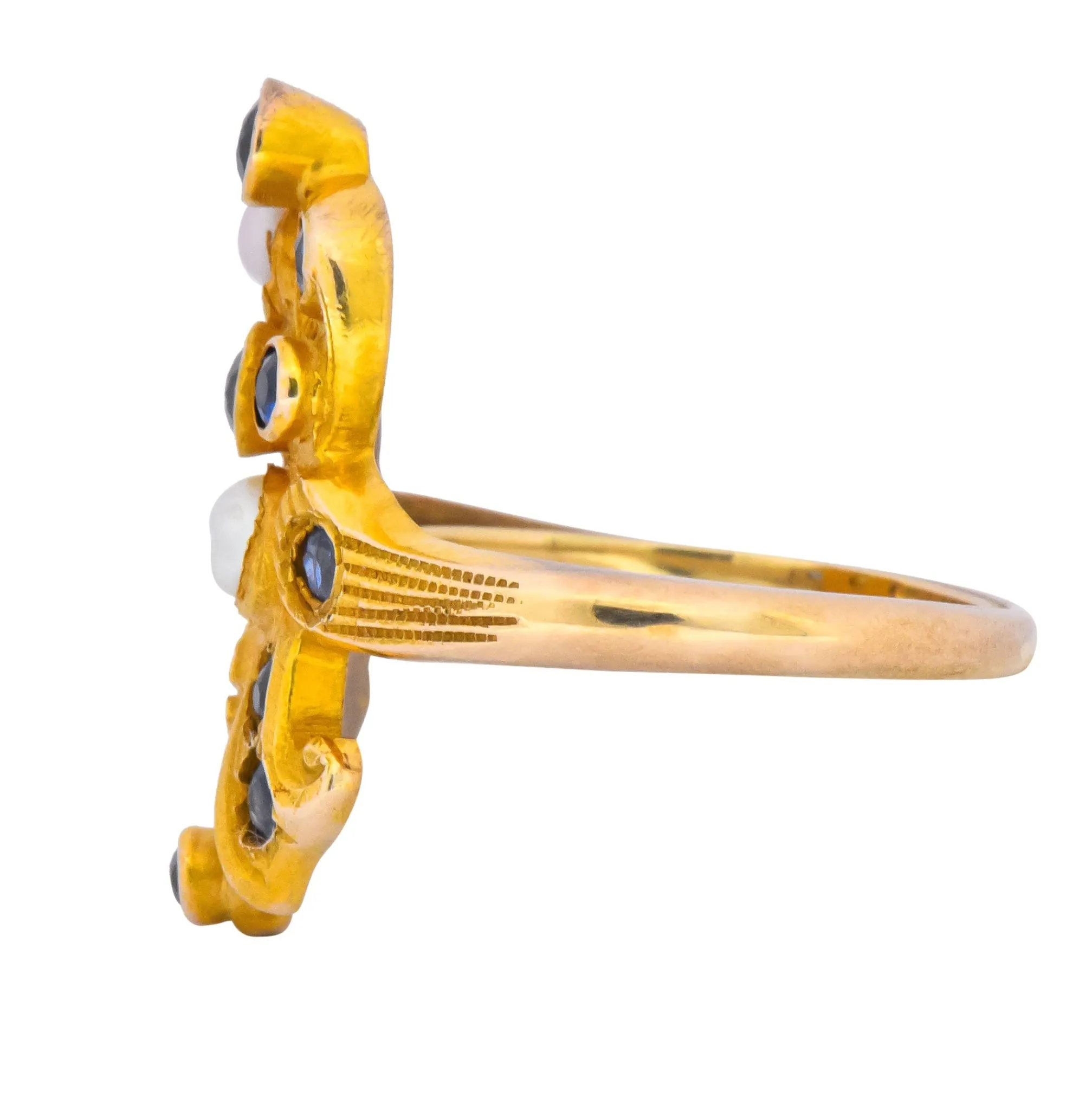 Art Nouveau Sapphire Pearl 14 Karat Gold Flower Dinner Ring