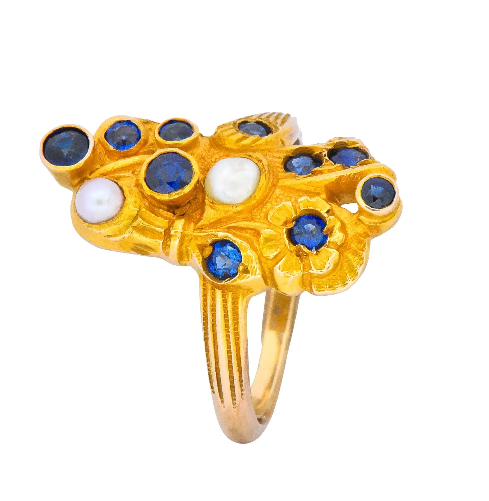 Art Nouveau Sapphire Pearl 14 Karat Gold Flower Dinner Ring