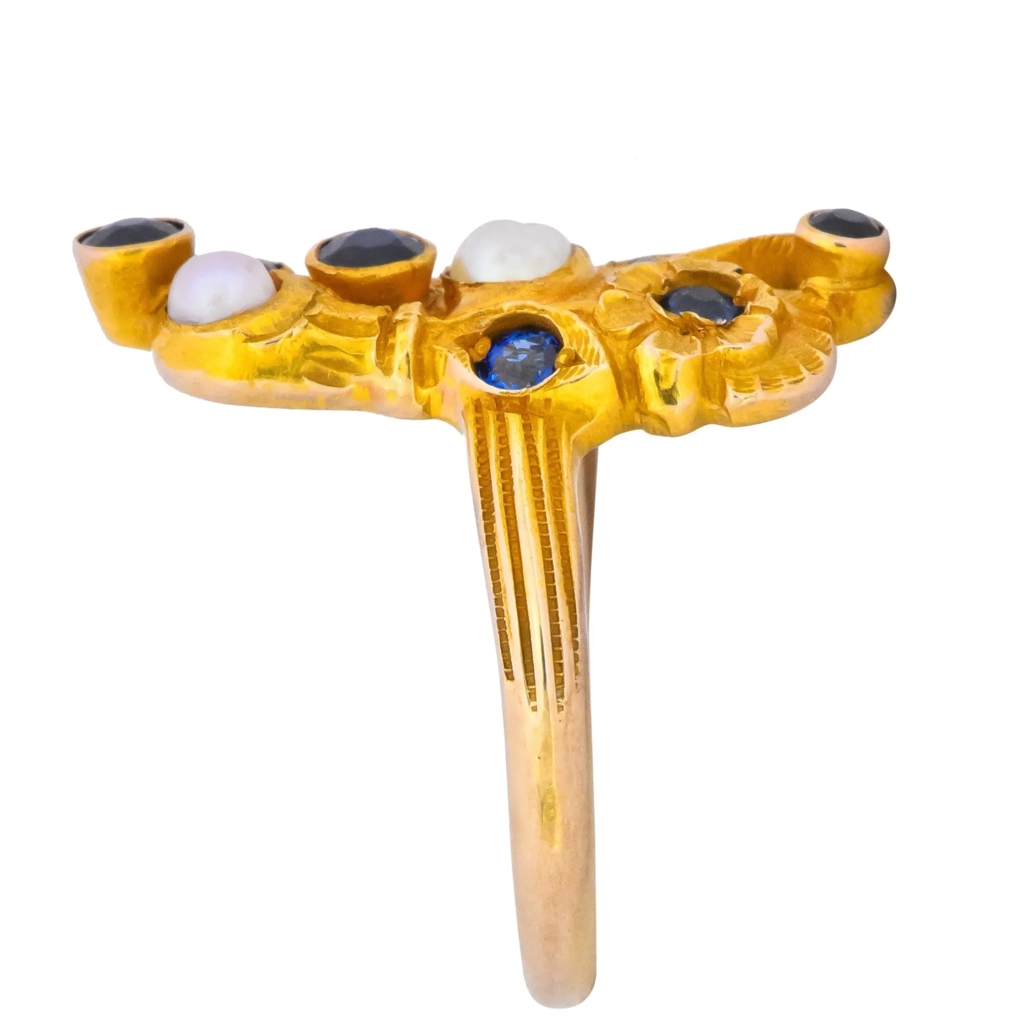 Art Nouveau Sapphire Pearl 14 Karat Gold Flower Dinner Ring