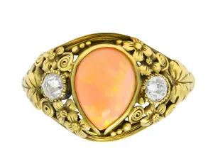 Arts & Crafts Opal Diamond 18 Karat Gold Floral Band Ring Circa 1900