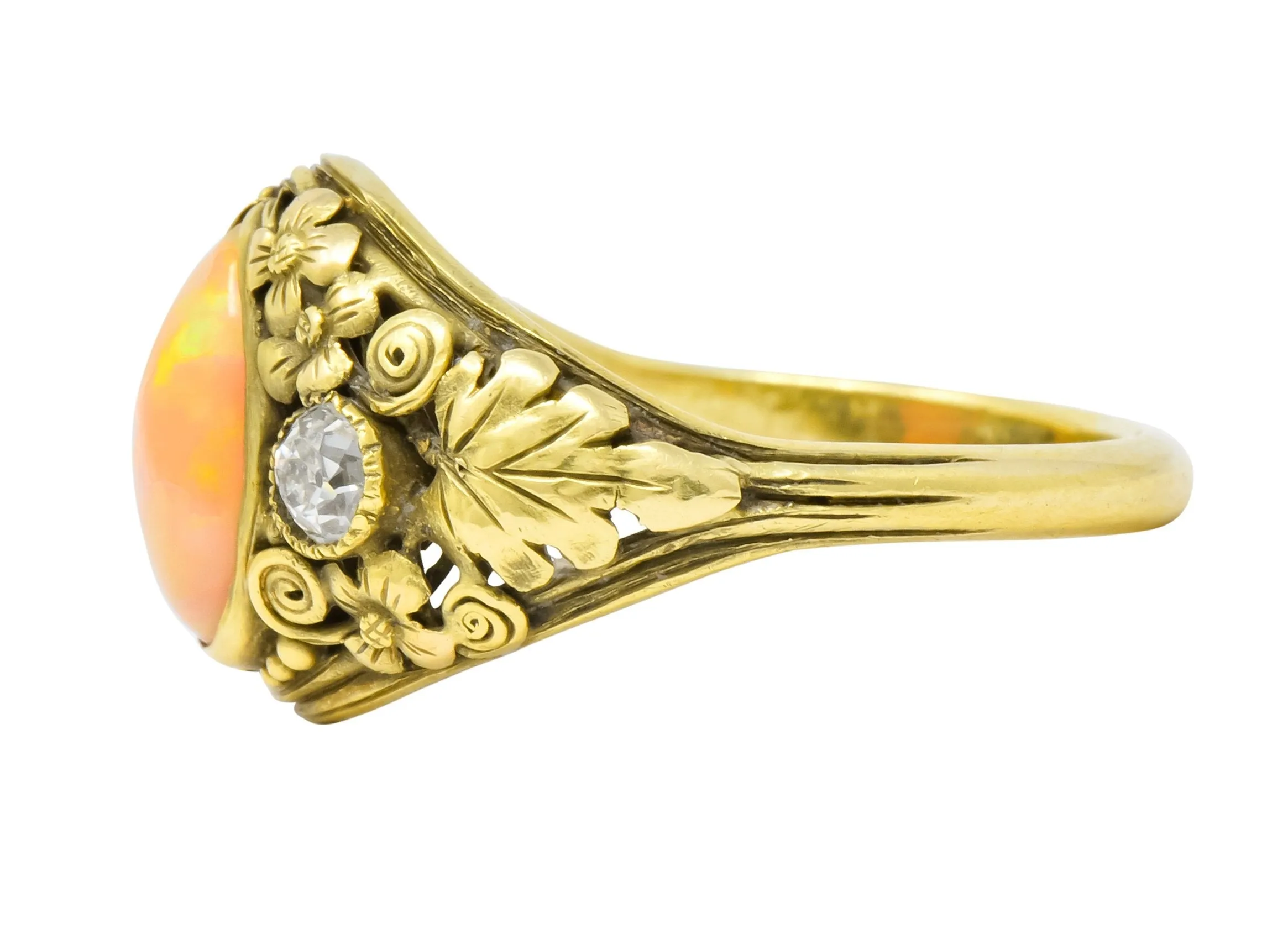 Arts & Crafts Opal Diamond 18 Karat Gold Floral Band Ring Circa 1900
