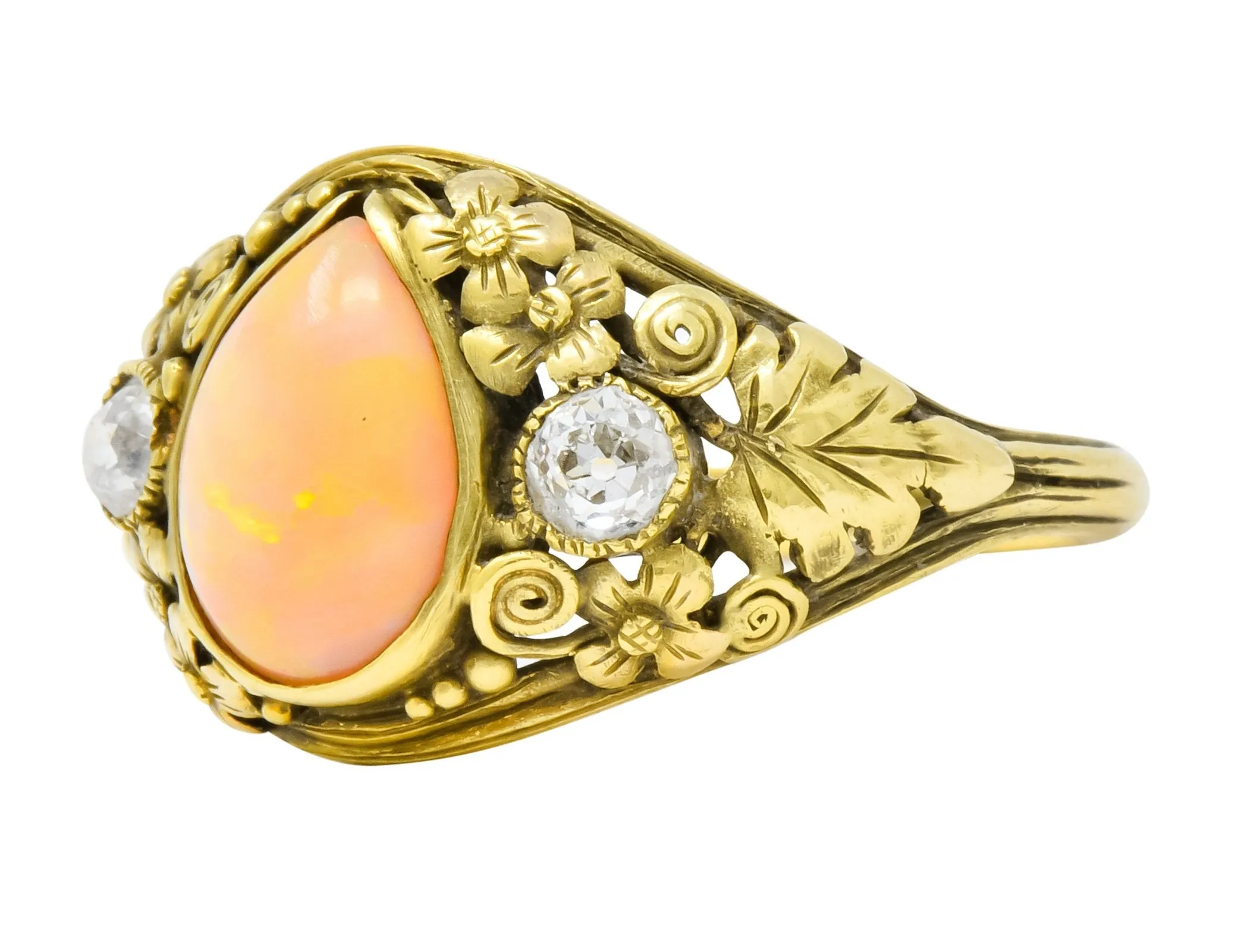 Arts & Crafts Opal Diamond 18 Karat Gold Floral Band Ring Circa 1900