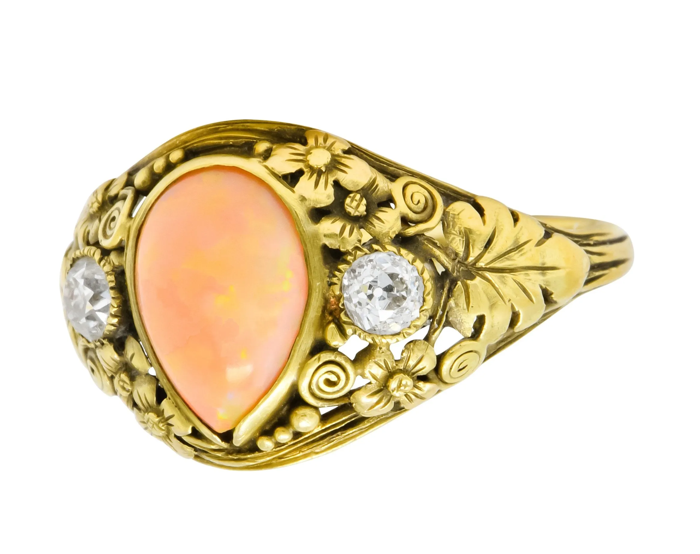 Arts & Crafts Opal Diamond 18 Karat Gold Floral Band Ring Circa 1900
