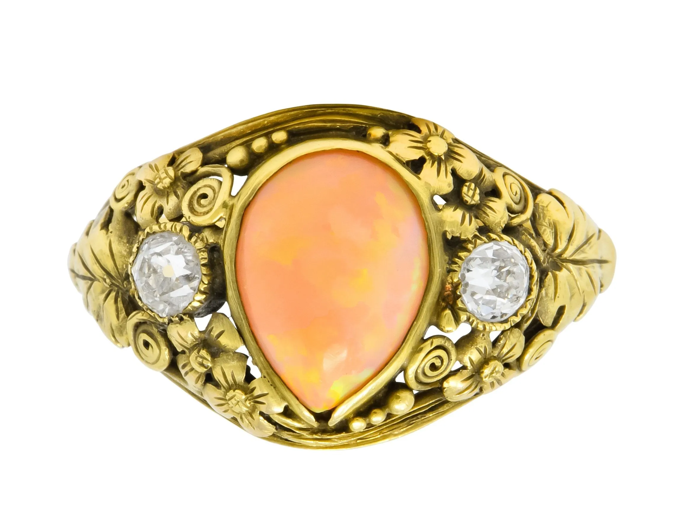 Arts & Crafts Opal Diamond 18 Karat Gold Floral Band Ring Circa 1900