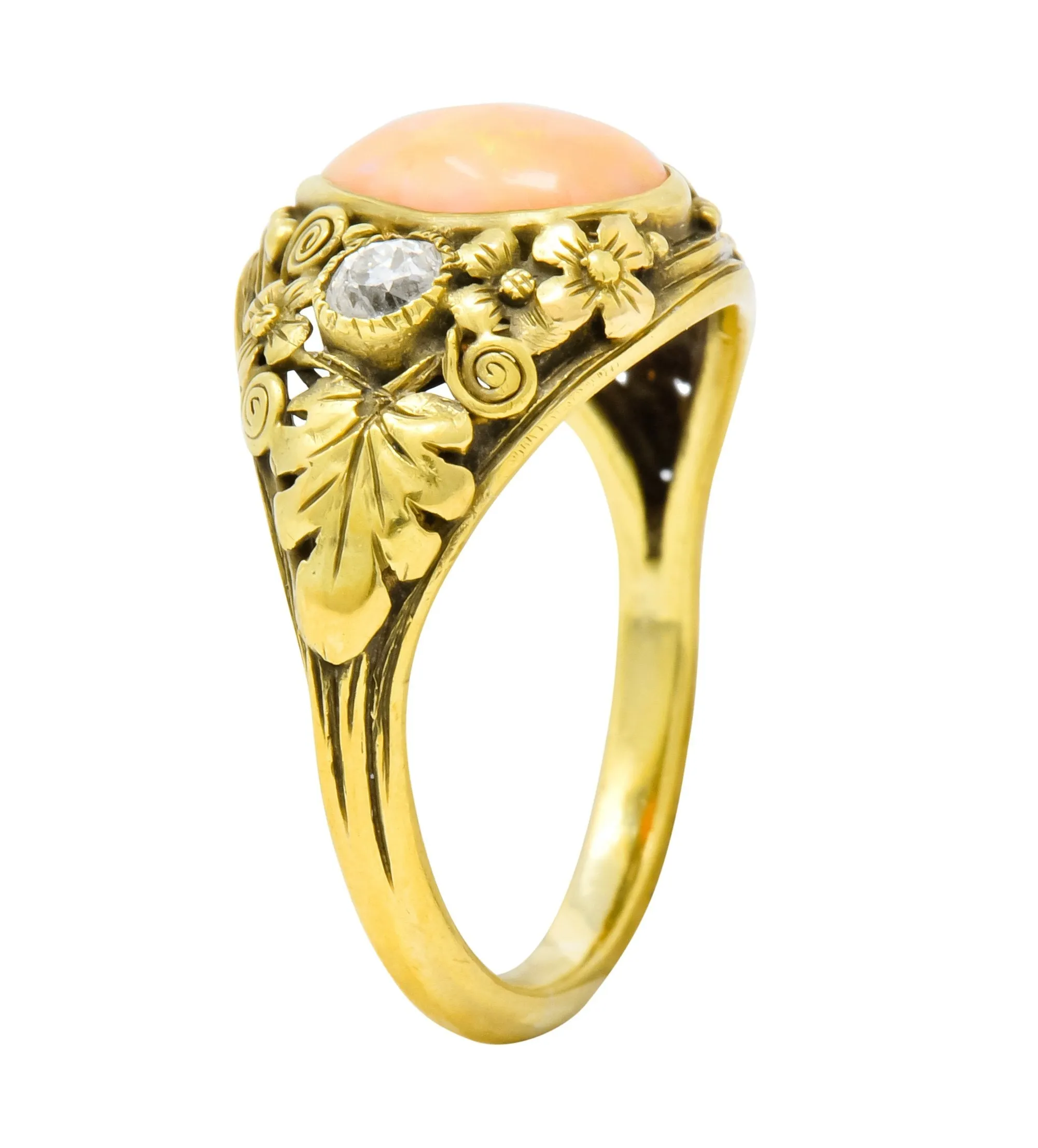Arts & Crafts Opal Diamond 18 Karat Gold Floral Band Ring Circa 1900