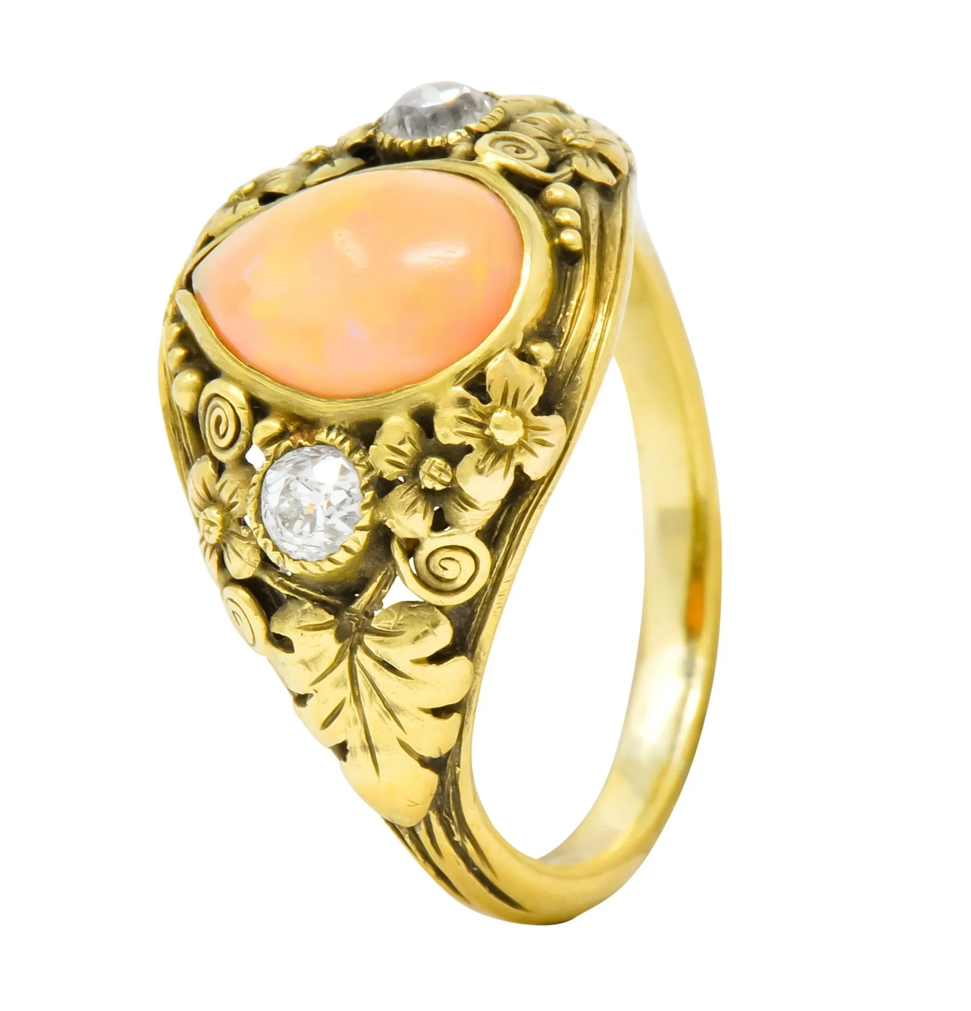 Arts & Crafts Opal Diamond 18 Karat Gold Floral Band Ring Circa 1900