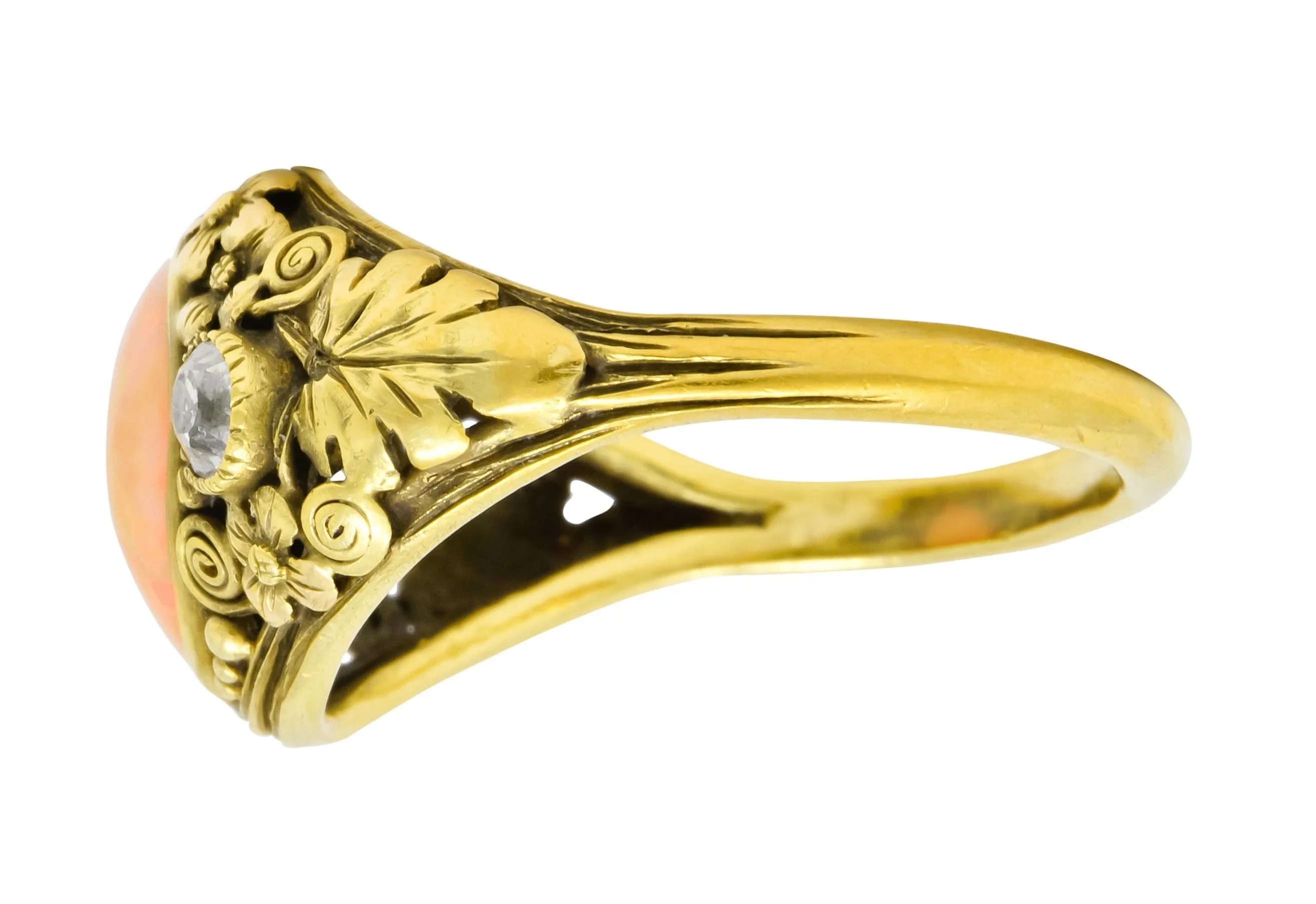 Arts & Crafts Opal Diamond 18 Karat Gold Floral Band Ring Circa 1900