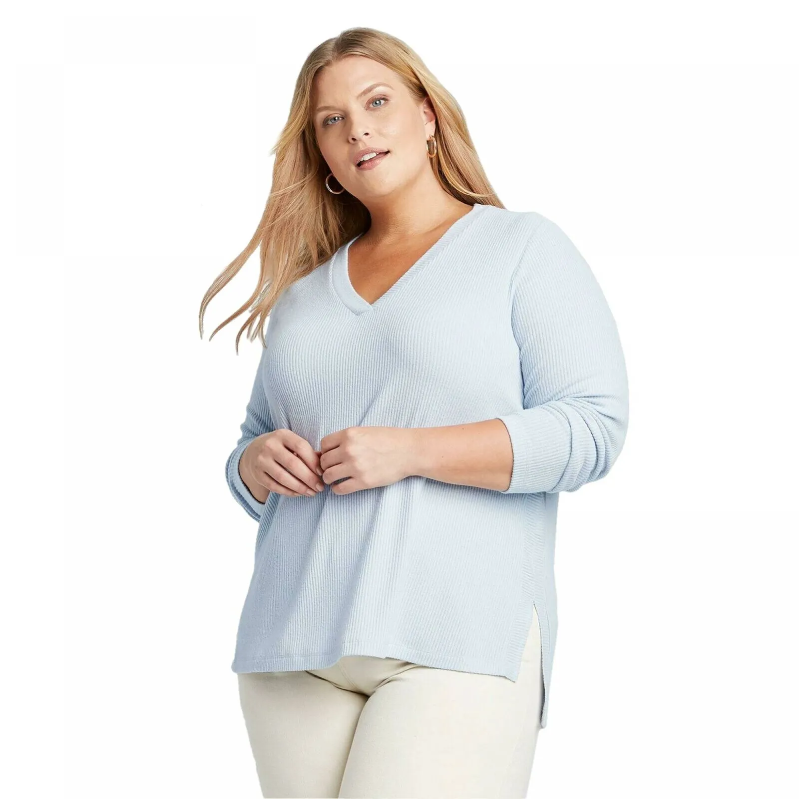 Ava & Viv Women's Plus Size Long Sleeve V-Neck Rib-Knit Top