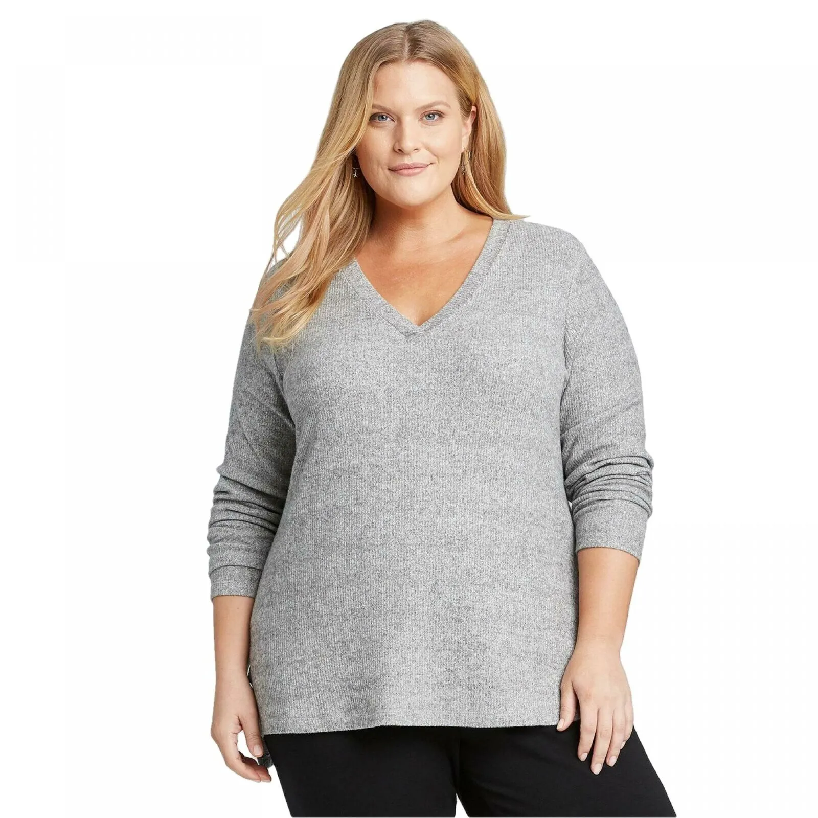 Ava & Viv Women's Plus Size Long Sleeve V-Neck Rib-Knit Top