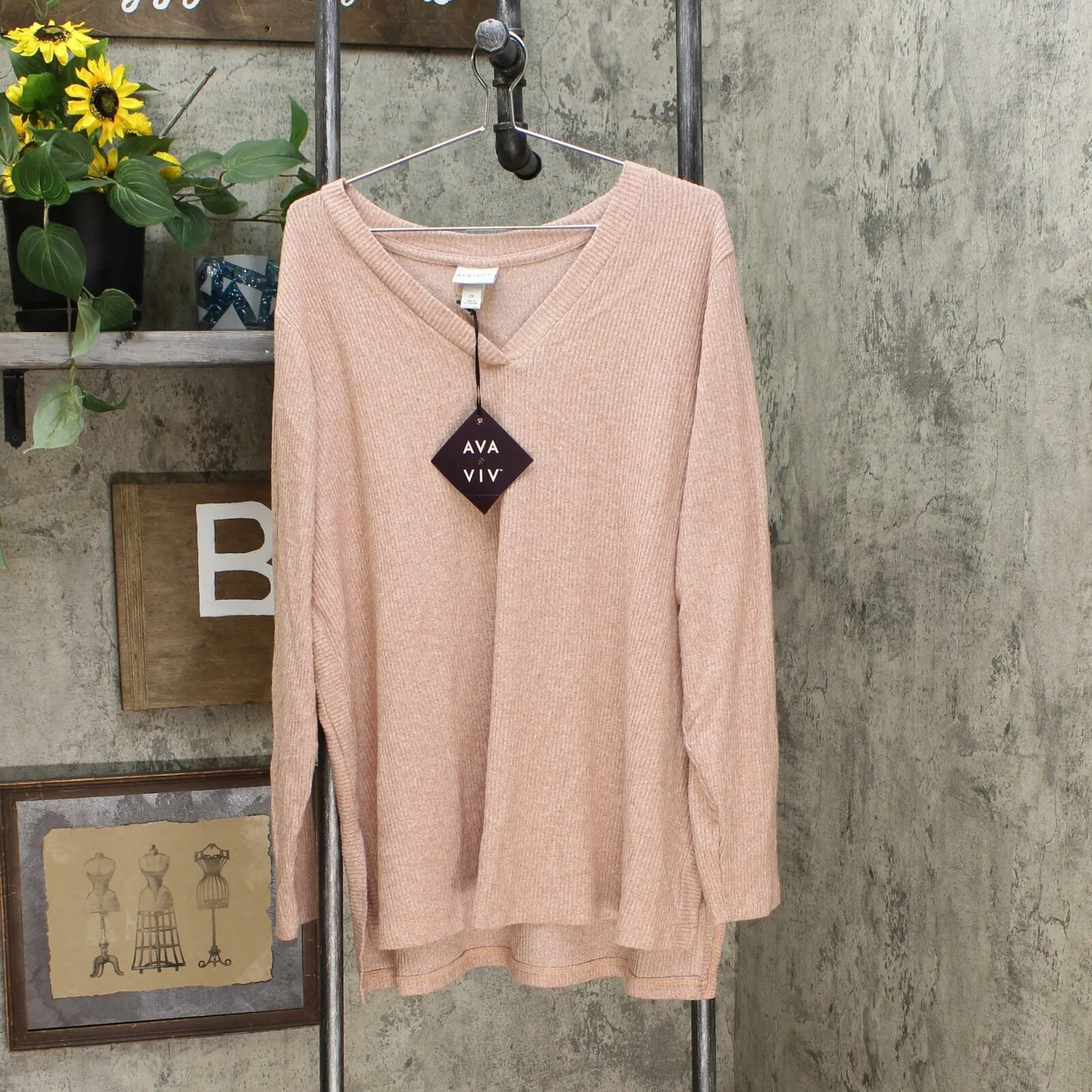 Ava & Viv Women's Plus Size Long Sleeve V-Neck Rib-Knit Top
