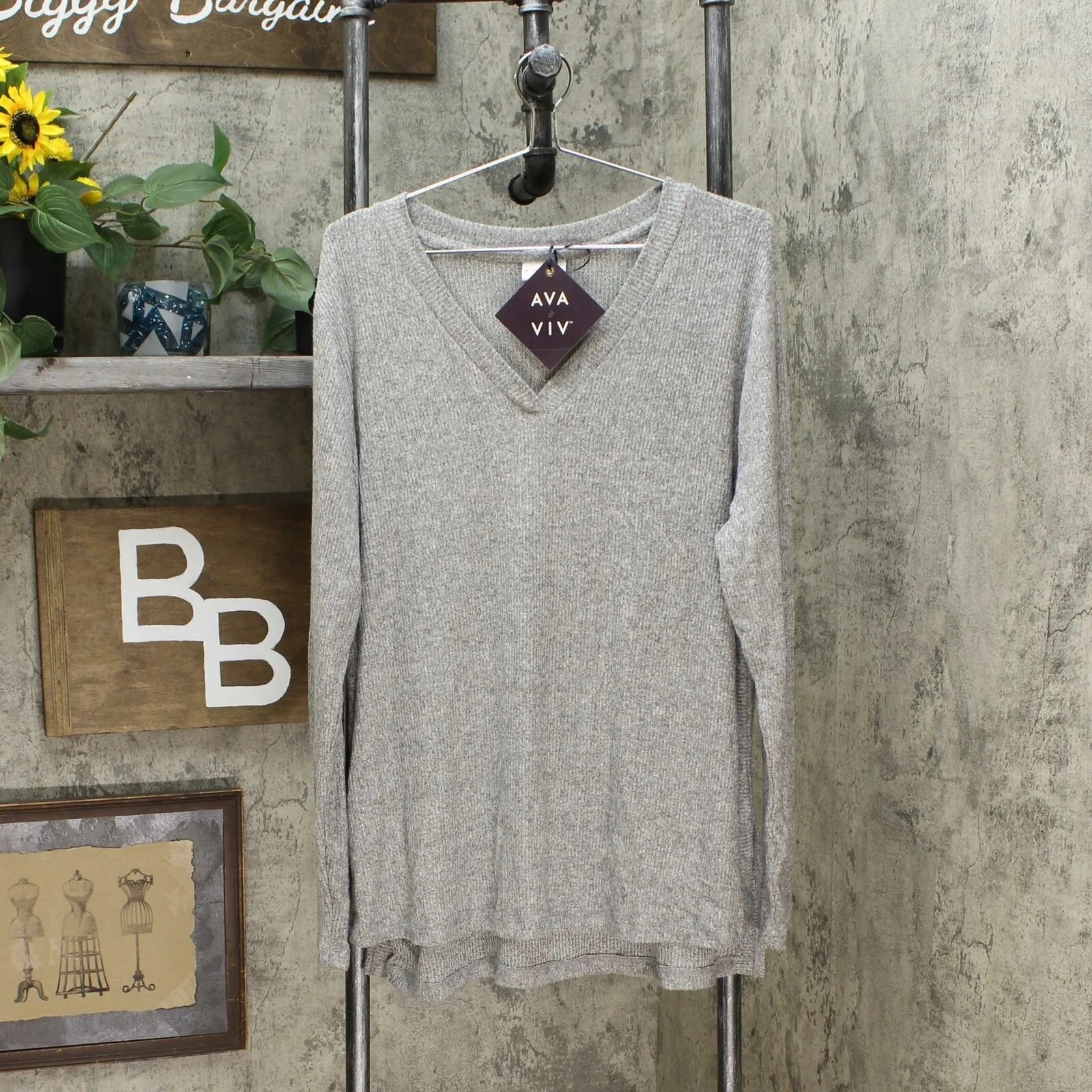 Ava & Viv Women's Plus Size Long Sleeve V-Neck Rib-Knit Top