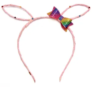 Bari Lynn Bunny Ears Headband - Pink w/Rainbow Bow & Swarovski Crystals