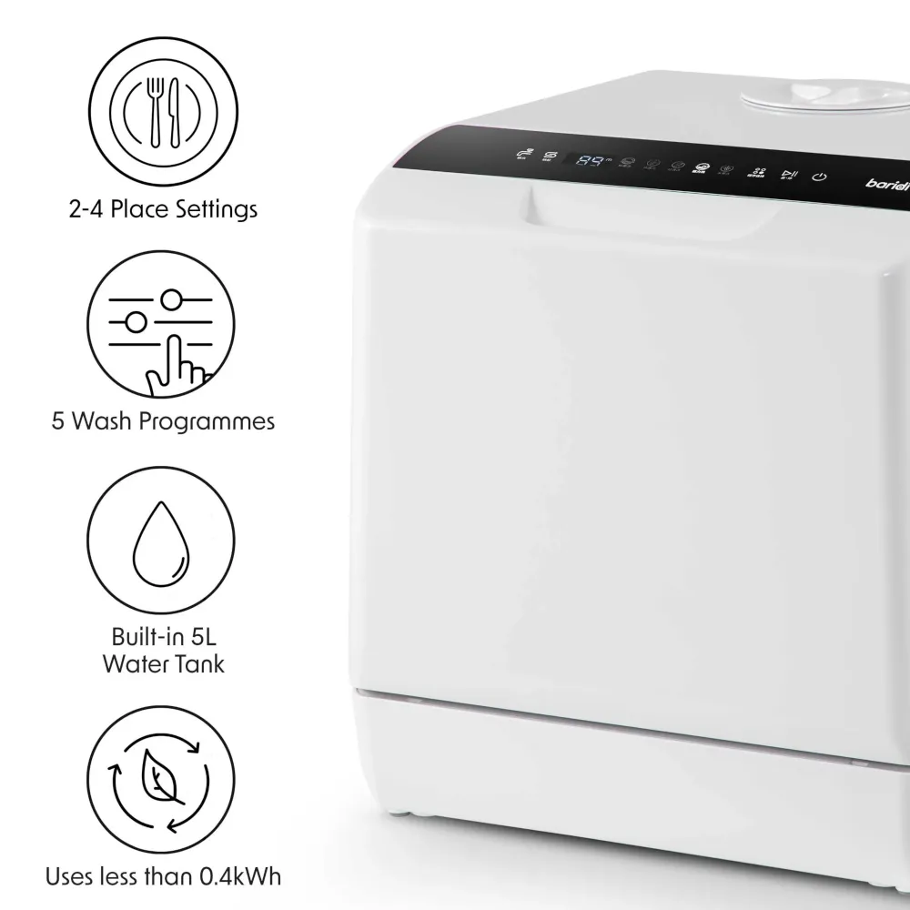 Baridi Mini Portable Tabletop Dishwasher 5L, 2-4 Place Settings - White - A