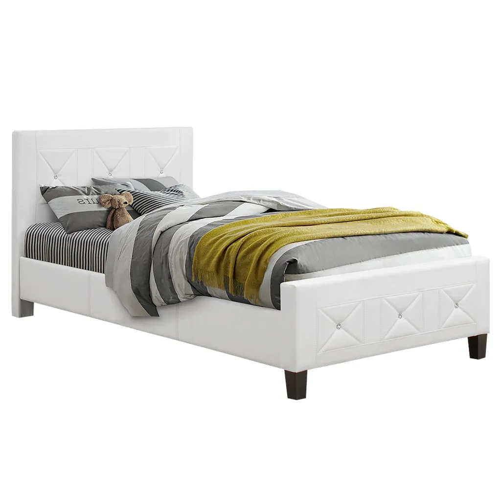 Bebelelo White Single Bed Frame with Jewels and Crystal Button for Hoom Decor