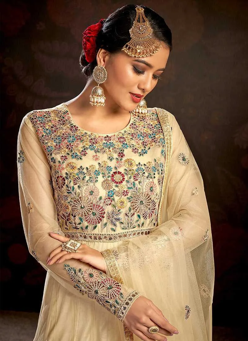 Beige Floral Embroidered Stylish Kalidar Anarkali