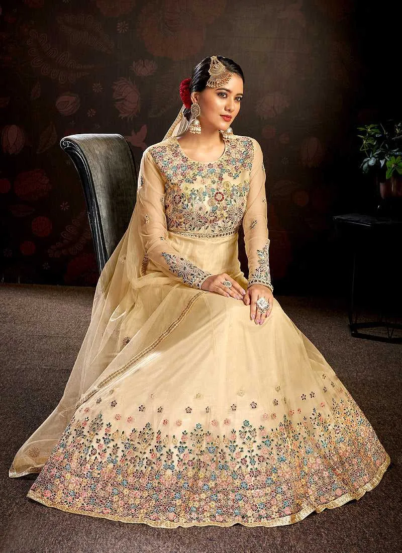 Beige Floral Embroidered Stylish Kalidar Anarkali