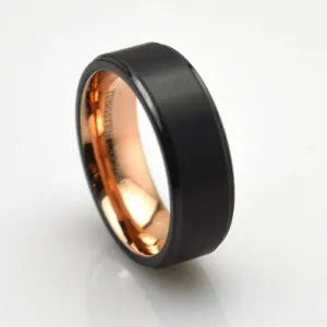 Black & Rose Gold Tungsten Carbide Brushed Center & Polished Step Edges Wedding Band