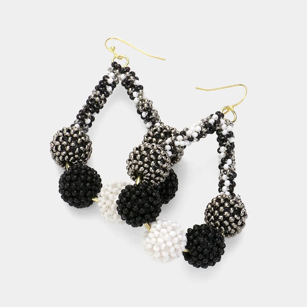 Black & White Hematite Seed Bead Balls Fun Fashion Earrings | Headshot Earrings | 619602