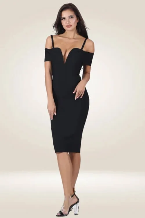 Black Bodycon V Neck Knee Length Mini Dress