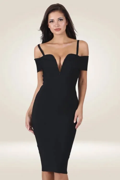 Black Bodycon V Neck Knee Length Mini Dress