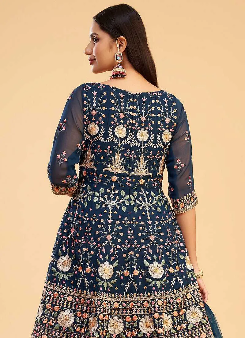Blue and Gold Floral Embroidered Stylish Pant Suit