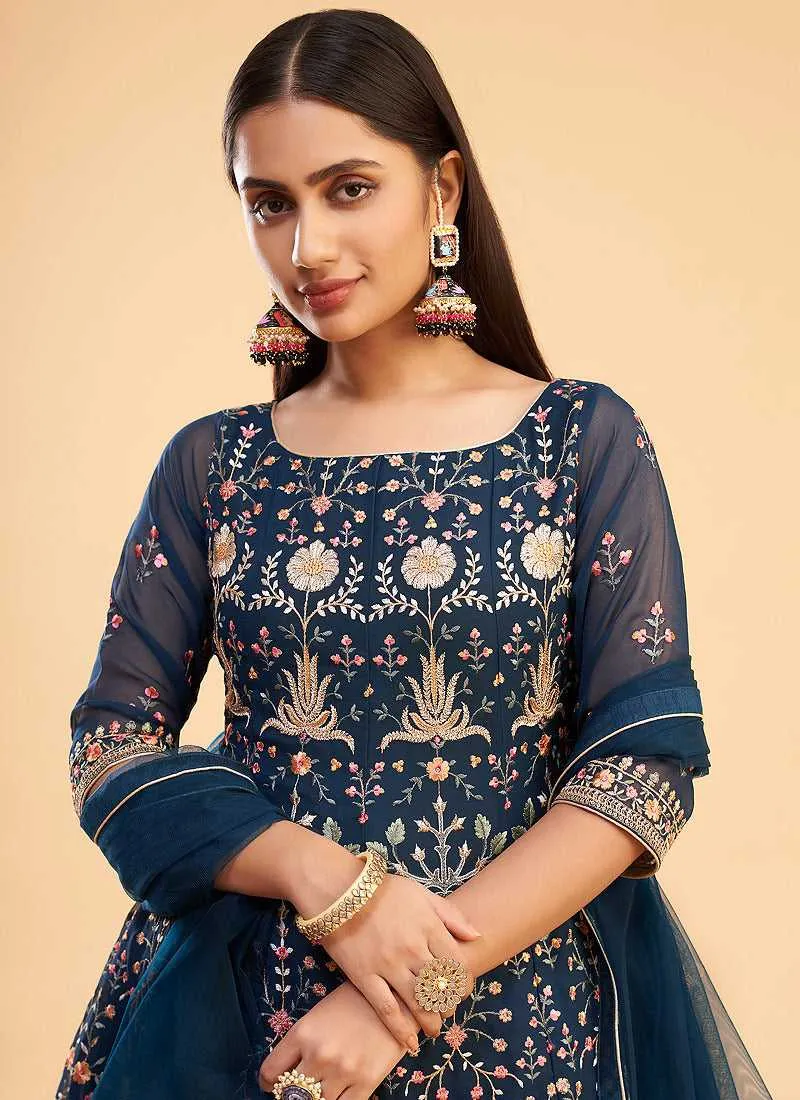Blue and Gold Floral Embroidered Stylish Pant Suit