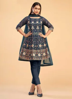 Blue and Gold Floral Embroidered Stylish Pant Suit